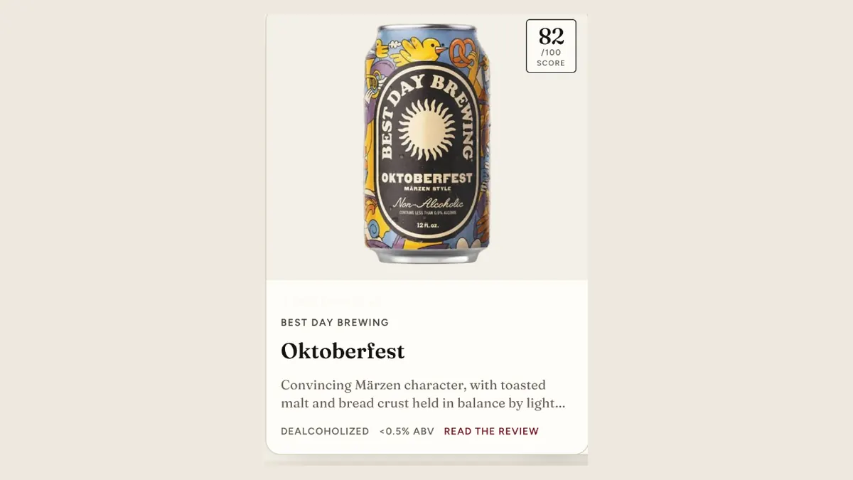 The Dry Standard review card showing 82/100 score, tasting notes, and verified ABV for Best Day Brewing Oktoberfest